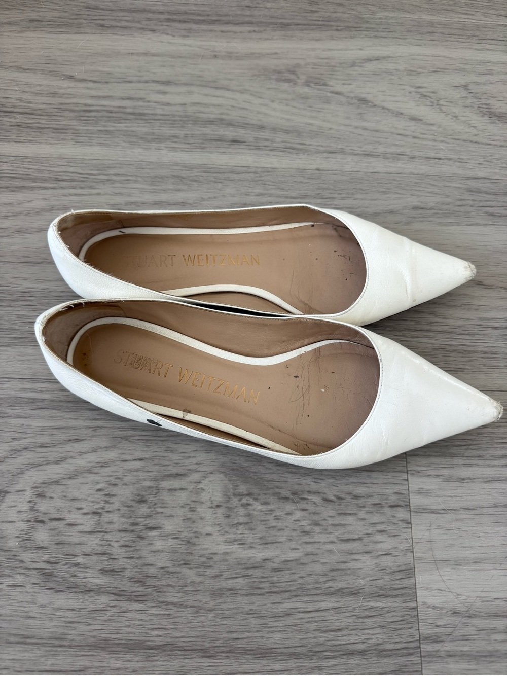 Stuart Weitzman White Pointed Leather Flats
